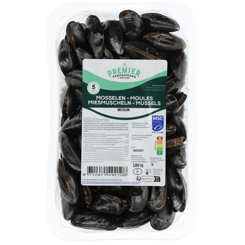 Foto van Premier Jonge zeeuwse mosselen op witte achtergrond