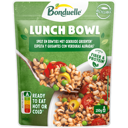 Foto van Bonduelle Lunch bowl spelt erwtjes oogbonen op witte achtergrond