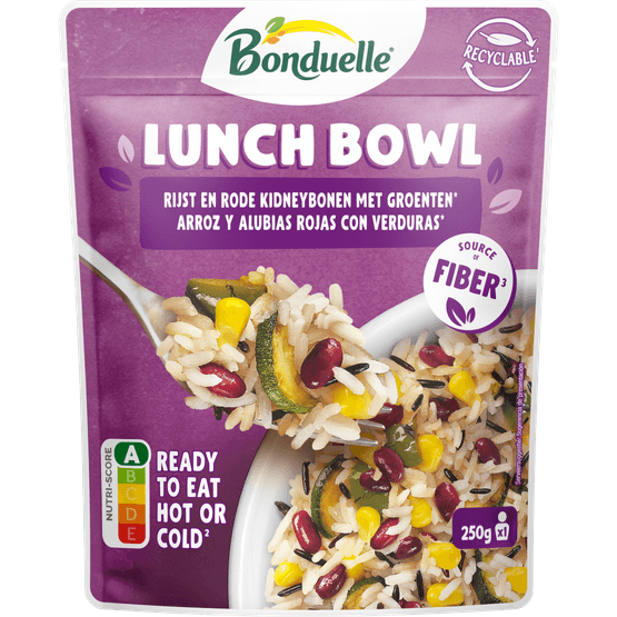 Foto van Bonduelle Lunch bowl kidneybonen mais groente op witte achtergrond