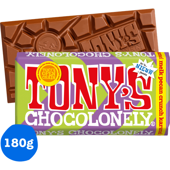 Foto van Tony's Chocolonely Chocolonely melk pecan crunch karamel op witte achtergrond