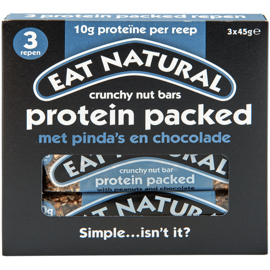 Foto van Eat Natural Protein packed met pinda's en chocolade 3 stuks op witte achtergrond
