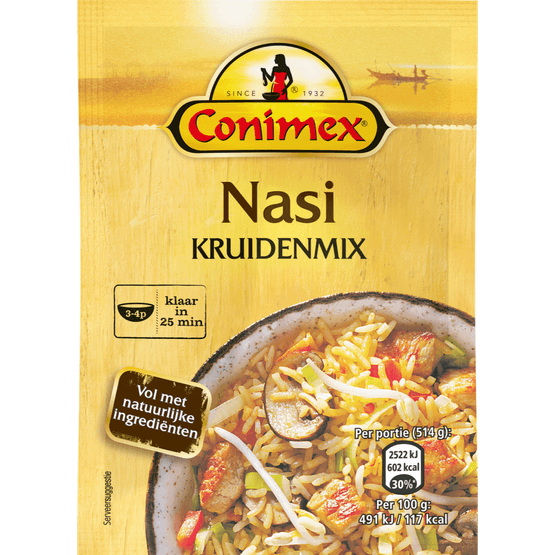 Foto van Conimex Kruidenmix voor nasi op witte achtergrond