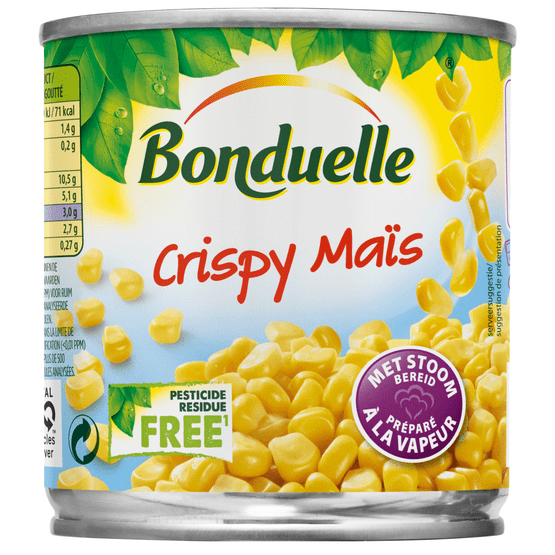 Foto van Bonduelle Crispy maïs op witte achtergrond