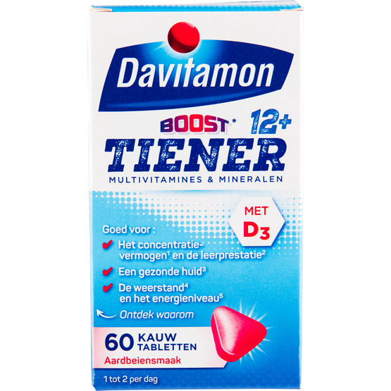 Foto van Davitamon Multi boost kauwtabletten multi vitaminen 12 jaar aardbei op witte achtergrond