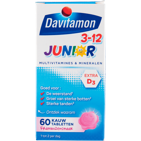 Foto van Davitamon Junior kauwvitamines vitaminen framboos 3-12 jaar op witte achtergrond