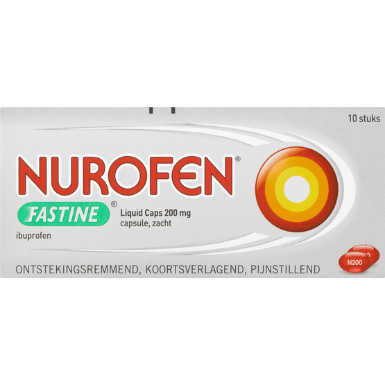 Foto van Nurofen Fastine liquid caps 200 mg op witte achtergrond