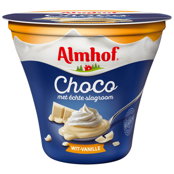 Foto van Almhof Choco met slagroom wit vanille op witte achtergrond