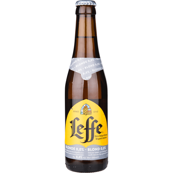 Foto van Leffe Blond alcoholvrij op witte achtergrond