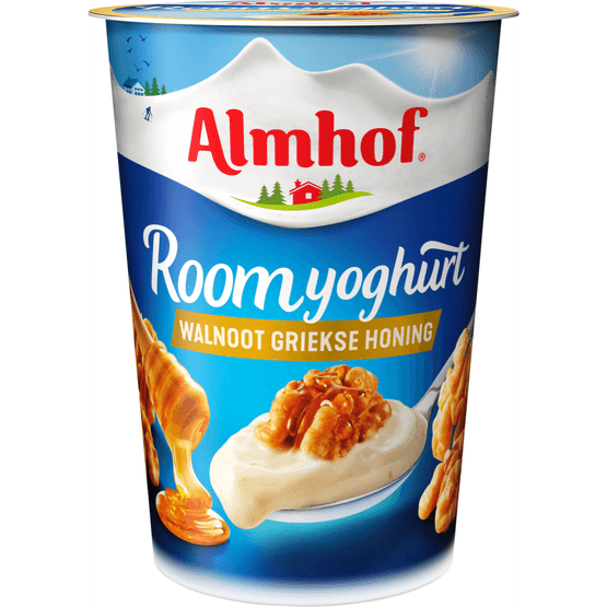 Foto van Almhof Roomyoghurt walnoot & Griekse honing op witte achtergrond