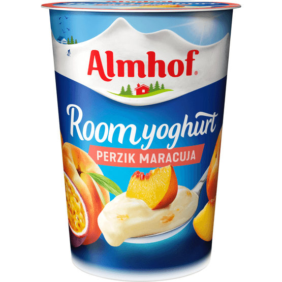 Foto van Almhof Roomyoghurt perzik - maracuja op witte achtergrond