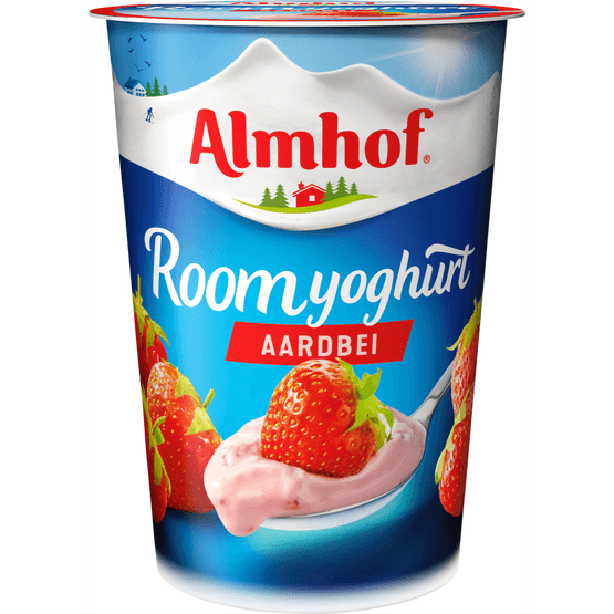 Foto van Almhof Roomyoghurt aardbei op witte achtergrond