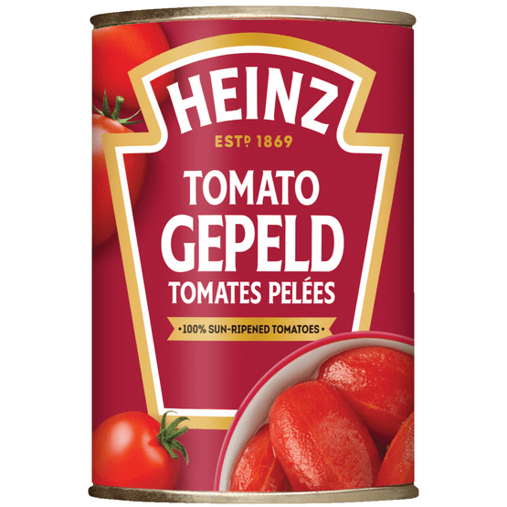 Foto van Heinz Gepelde tomaten op witte achtergrond