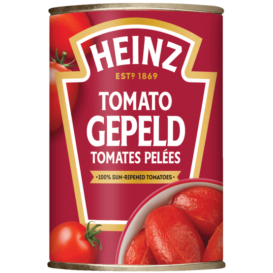 Foto van Heinz Tomaten gepeld op witte achtergrond