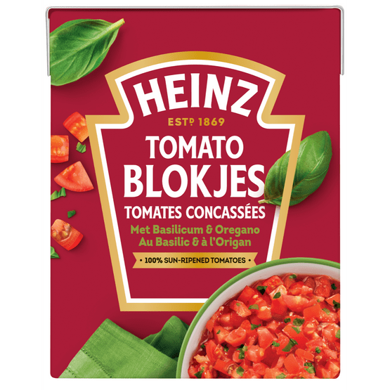 Foto van Heinz Tomatenblokjes basilicum-oregano op witte achtergrond