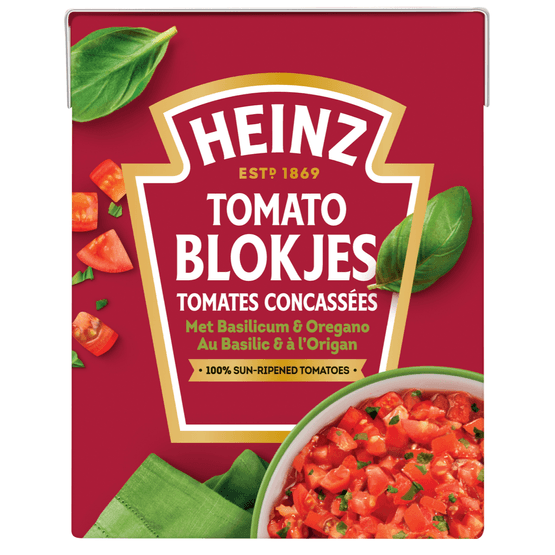 Foto van Heinz Tomaten blokjes basilicum op witte achtergrond