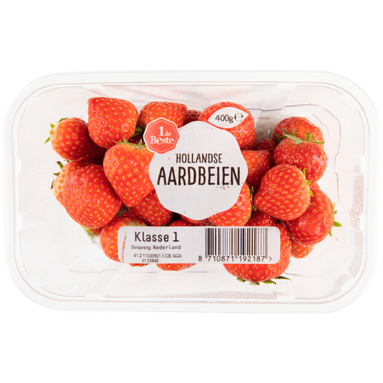 Foto van 1 de Beste Hollandse aardbeien op witte achtergrond