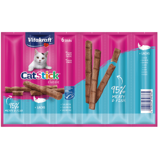 Foto van Vitakraft Kattensnacks sticks mini zalm 6 stuks op witte achtergrond