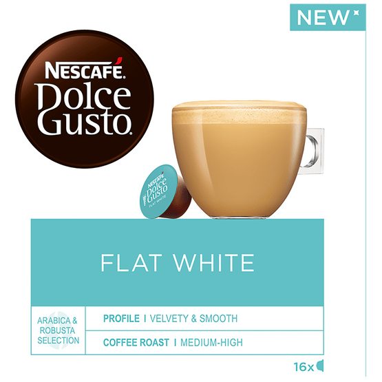 Foto van Nescafé Dolce gusto gemalen koffie flat white op witte achtergrond