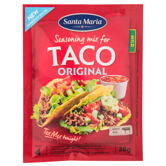 Foto van Santa Maria Taco seasoningmix op witte achtergrond