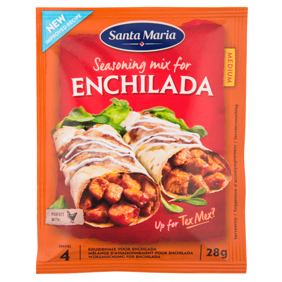 Foto van Santa Maria Enchilada seasoningmix op witte achtergrond
