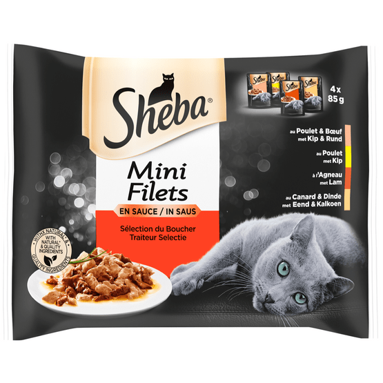 Foto van Sheba Mini filets in saus traiteur selectie 4 stuks op witte achtergrond