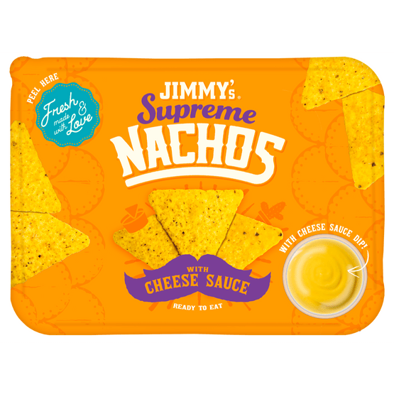 Foto van Jimmy's Supreme nachos cheese sauce op witte achtergrond