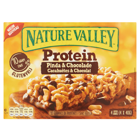 Foto van Nature Valley Protein pinda en chocolade op witte achtergrond