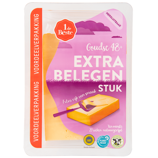 Foto van 1 de Beste Extra belegen kaas stuk voordeelverpakking 48+ op witte achtergrond