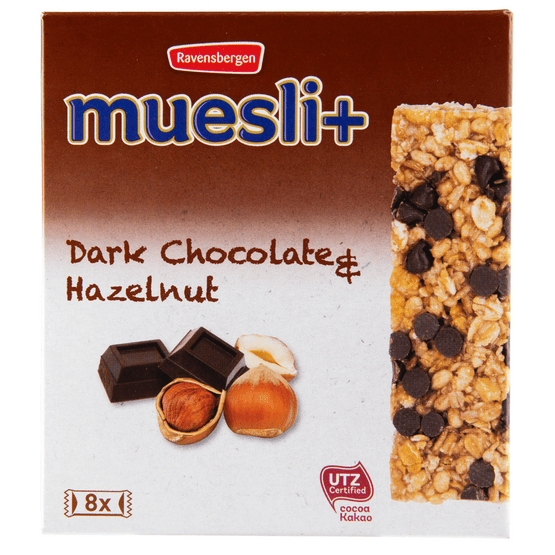 Foto van Muesli+ Chocolade hazelnoot op witte achtergrond