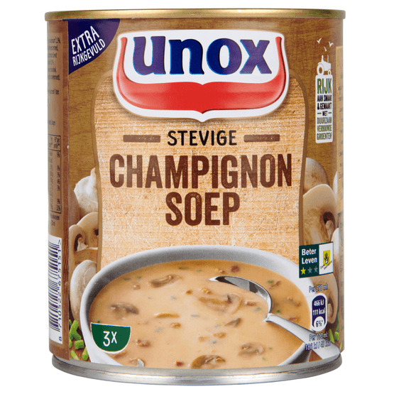 Foto van Unox Stevige champignonsoep op witte achtergrond