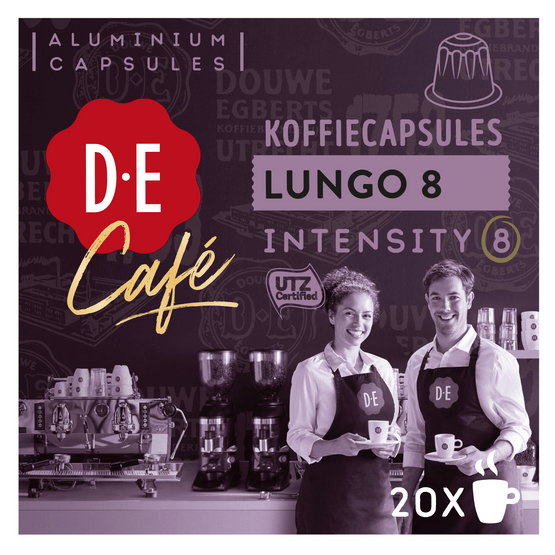 Foto van Douwe Egberts Café Lungo 8 koffiecups lungo sterkte 8 op witte achtergrond