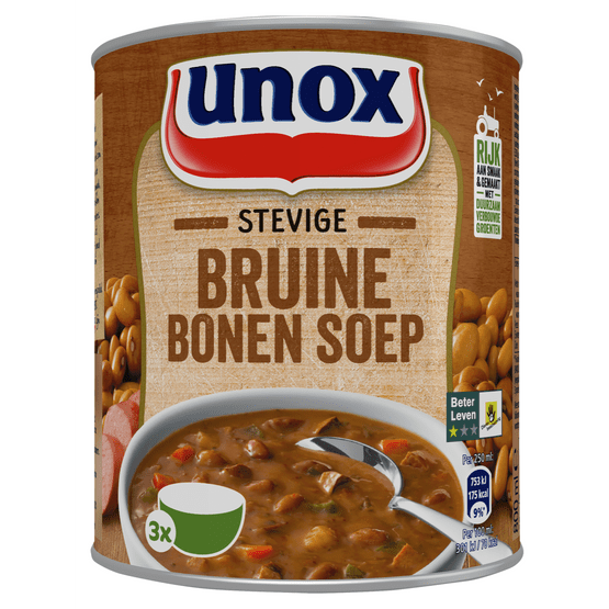Foto van Unox Stevige bruine bonensoep op witte achtergrond