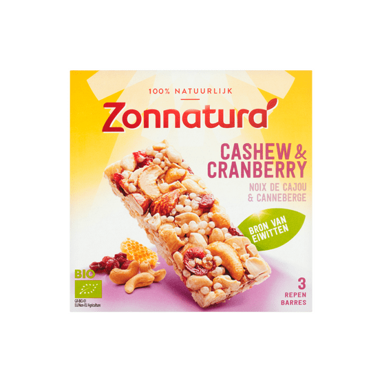 Foto van Zonnatura Biologische notenreep cashew-cranberry 3 stuks op witte achtergrond