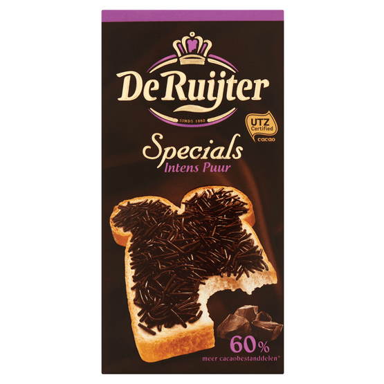 Foto van De Ruijter Chocoladehagel special intens puur 60% op witte achtergrond