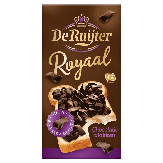 Foto van De Ruijter Chocoladevlokken royal puur op witte achtergrond