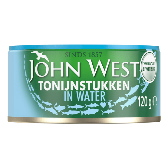 Foto van John West Tonijnstukken in water op witte achtergrond