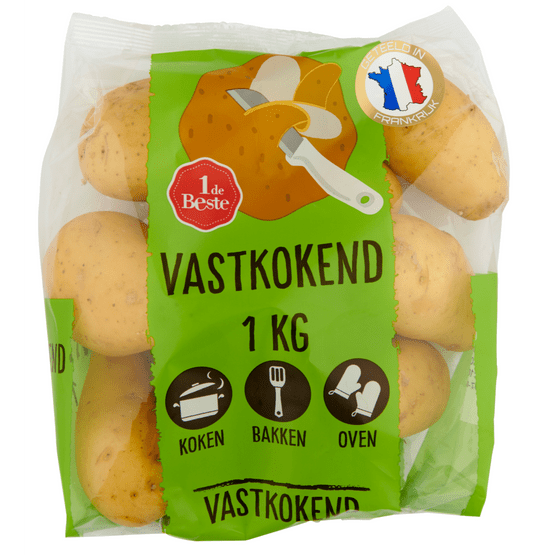 Foto van 1 de Beste Aardappelen vastkokend op witte achtergrond