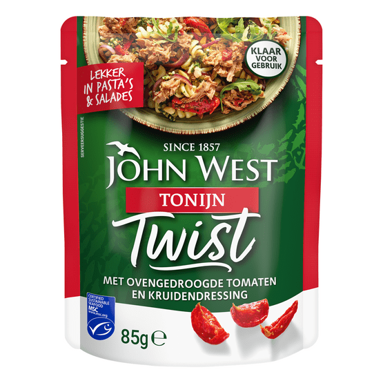 Foto van John West Tonijn twist ovengedroogde tomaat op witte achtergrond