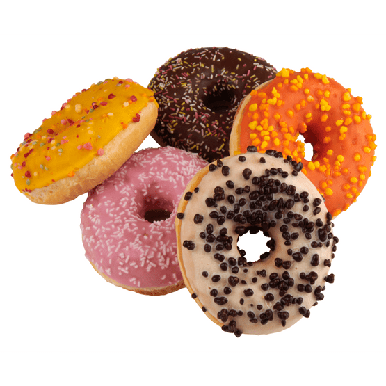 Foto van Donuts diverse toppings op witte achtergrond
