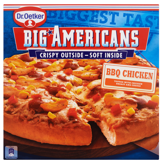 Foto van Dr. Oetker Big Americans pizza bbq chicken op witte achtergrond