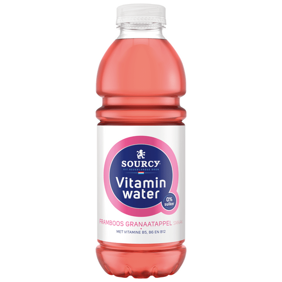 Foto van Sourcy Vitaminwater framboos-granaatappel op witte achtergrond