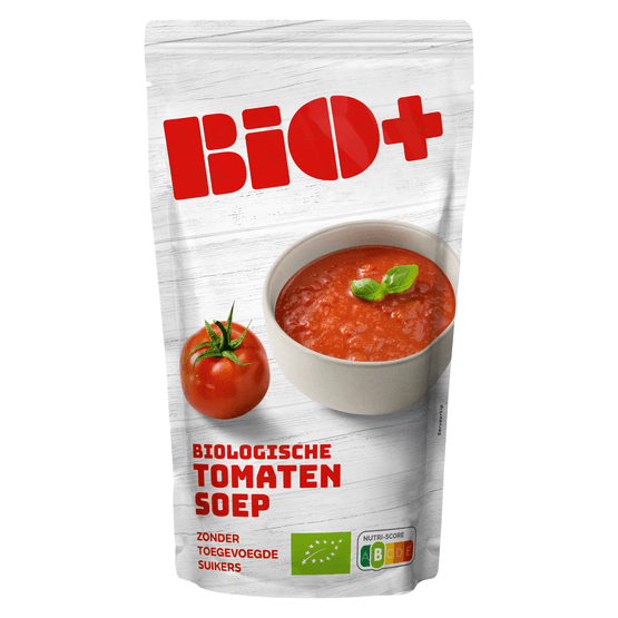 Foto van Bio+ Soep in zak tomaat op witte achtergrond