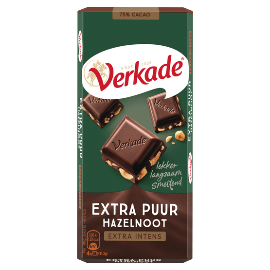 Foto van Verkade Chocoladereep extra puur hazelnoot op witte achtergrond