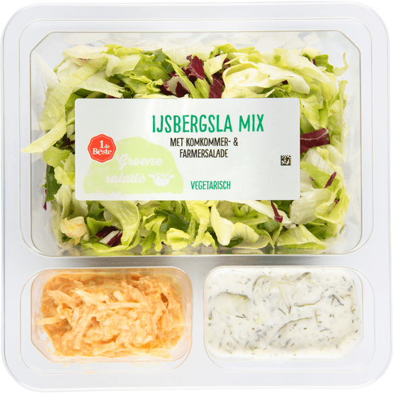 Foto van 1 de Beste Groene salade ijsbergsla mix komkommer & farmersalade op witte achtergrond