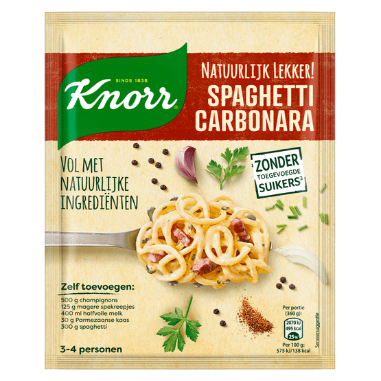 Foto van Knorr Kruidenmix natuurlijk spaghetti carbonara op witte achtergrond