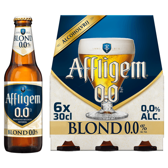 Foto van Affligem Blond 0.0% op witte achtergrond