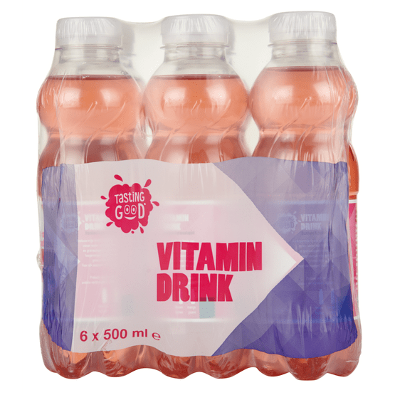Foto van Tasting Good Vitaminwater framboos-granaatappel op witte achtergrond