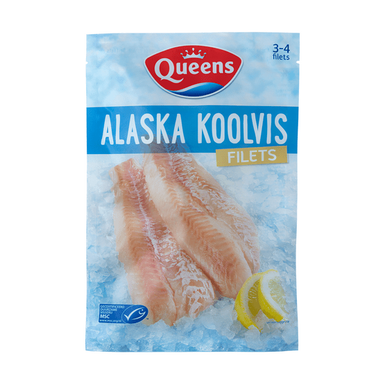 Foto van Queens Alaska koolvisfilet op witte achtergrond