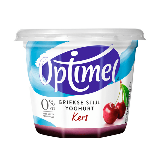 Foto van Optimel Yoghurt Griekse stijl kers op witte achtergrond