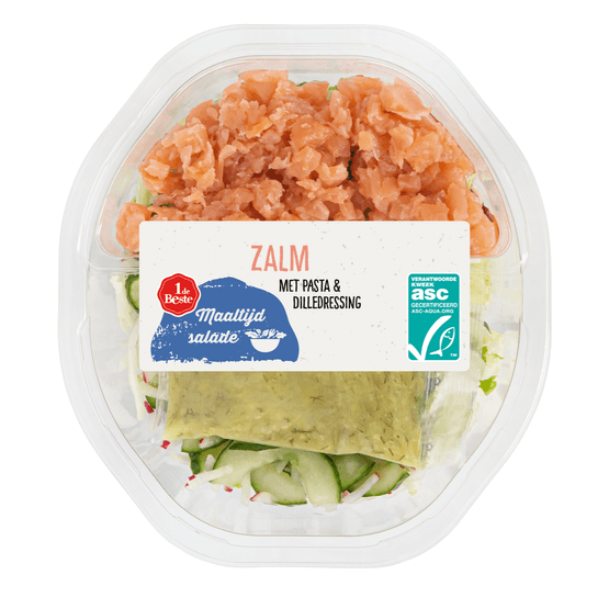 Foto van 1 de Beste Maaltijdsalade zalm op witte achtergrond